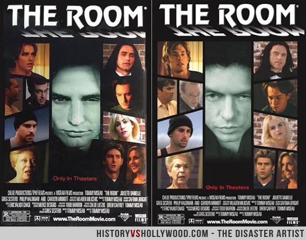 Pôster de The Room com James Franco e elenco (esquerda) e com Tommy Wiseau e elenco (direita)