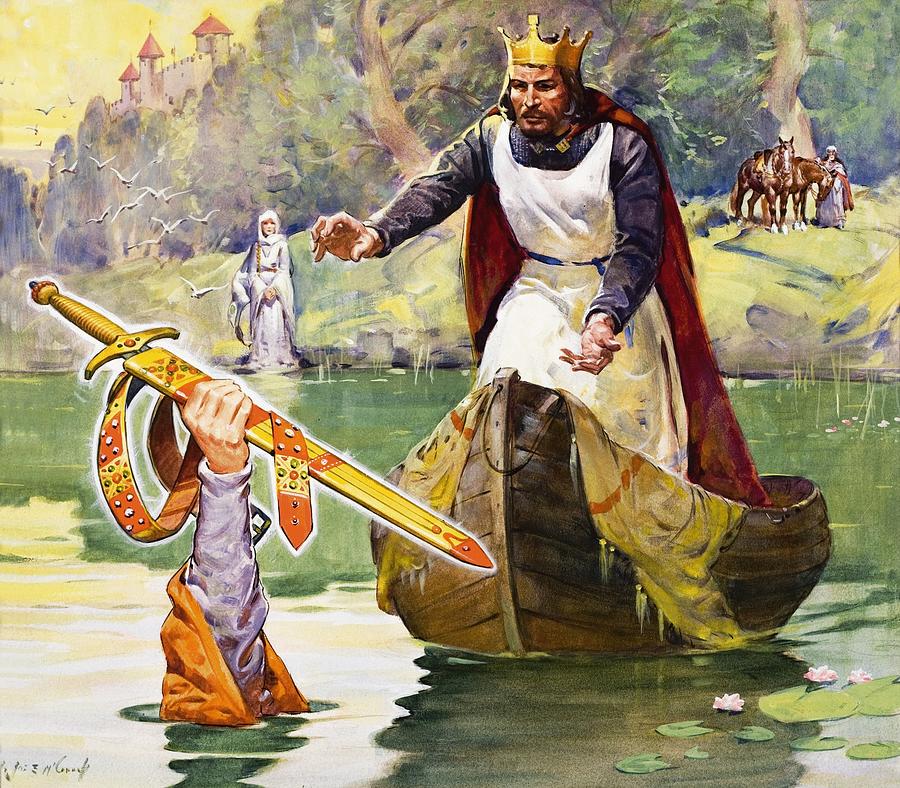 Uma pintura mostra Artur pegando a Excalibur da mão da Senhora do Lago